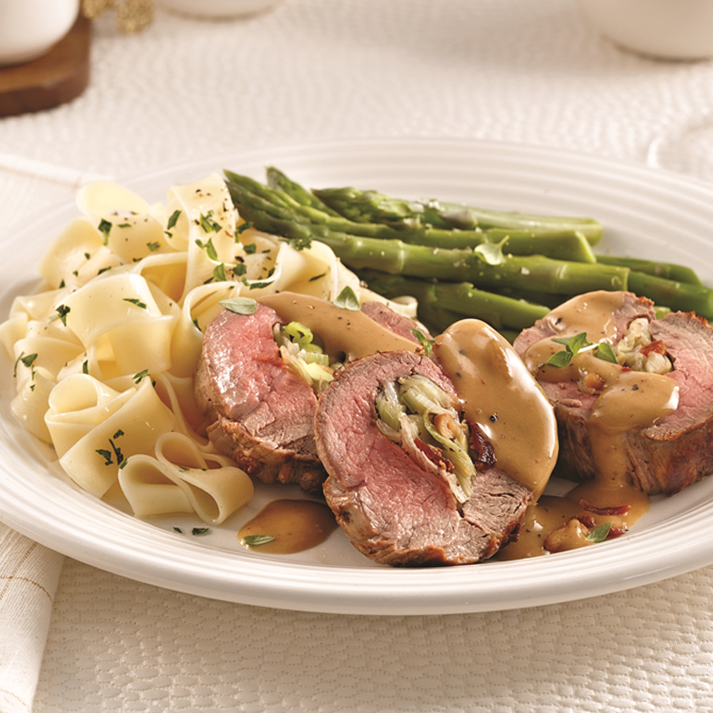Veal Filet Stuffed with Leeks, Pine Nuts & Bacon
